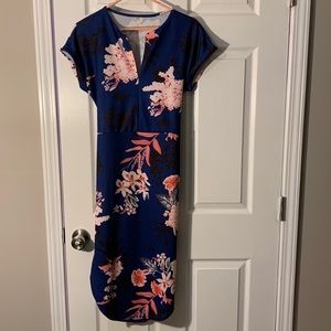 TEMOFON Blue Women's Dress Short Sleeve Midi V-Neck Casual Dress with Belt S